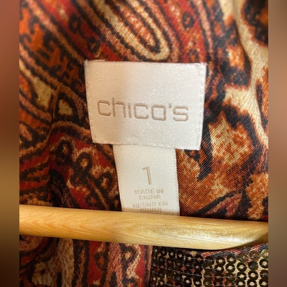 Chicos Fall Tone Paisley Sequin Collar Tie Front Satin Blouse - Picture 5 of 12
